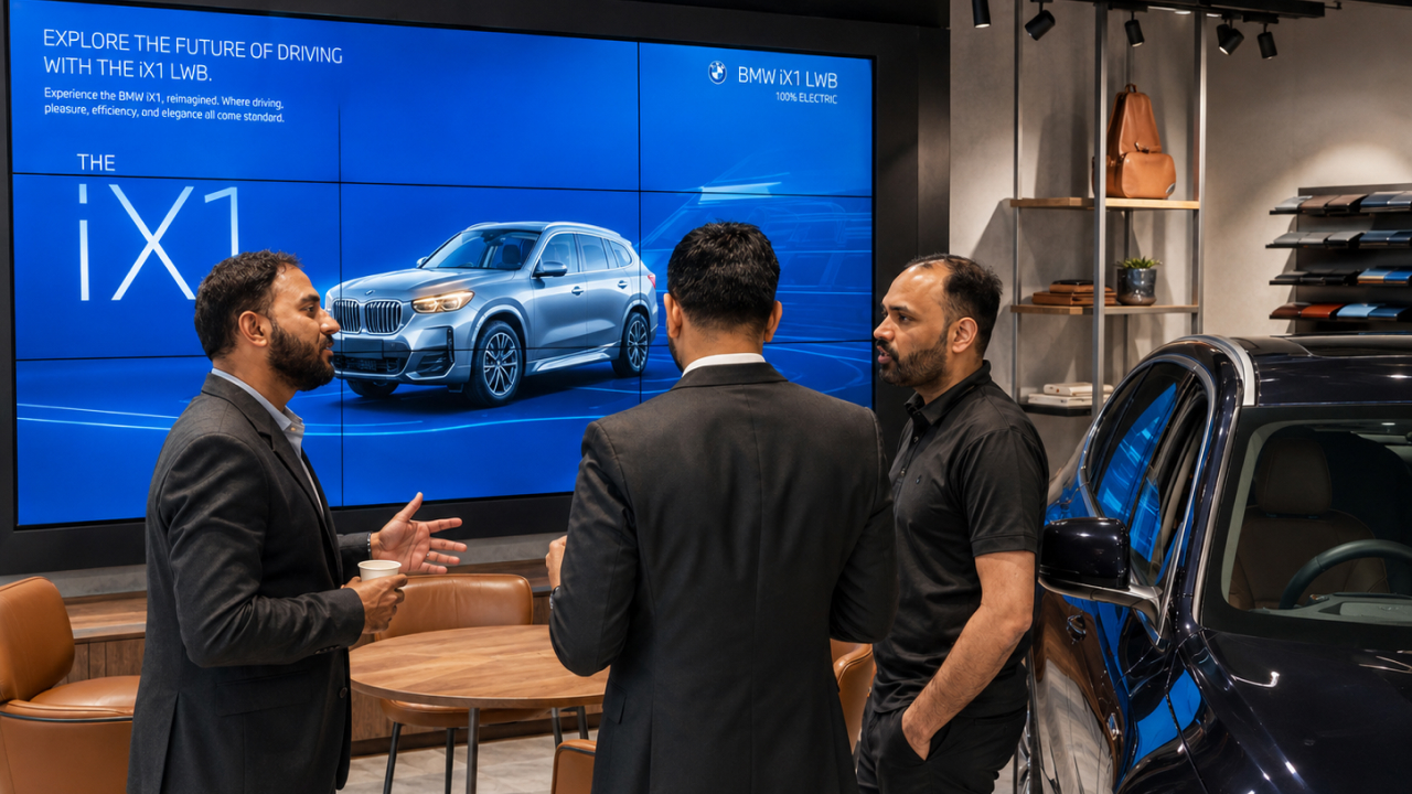 BMW showroom discussion beside an interactive iX1 digital experience wall